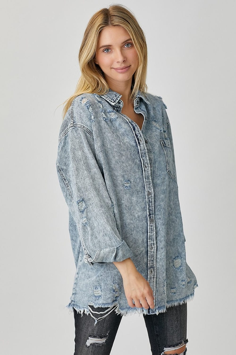 Trendsi Fall RISEN Distressed Raw Hem Denim Shirt RISEN Distressed Raw Hem Denim Shirt