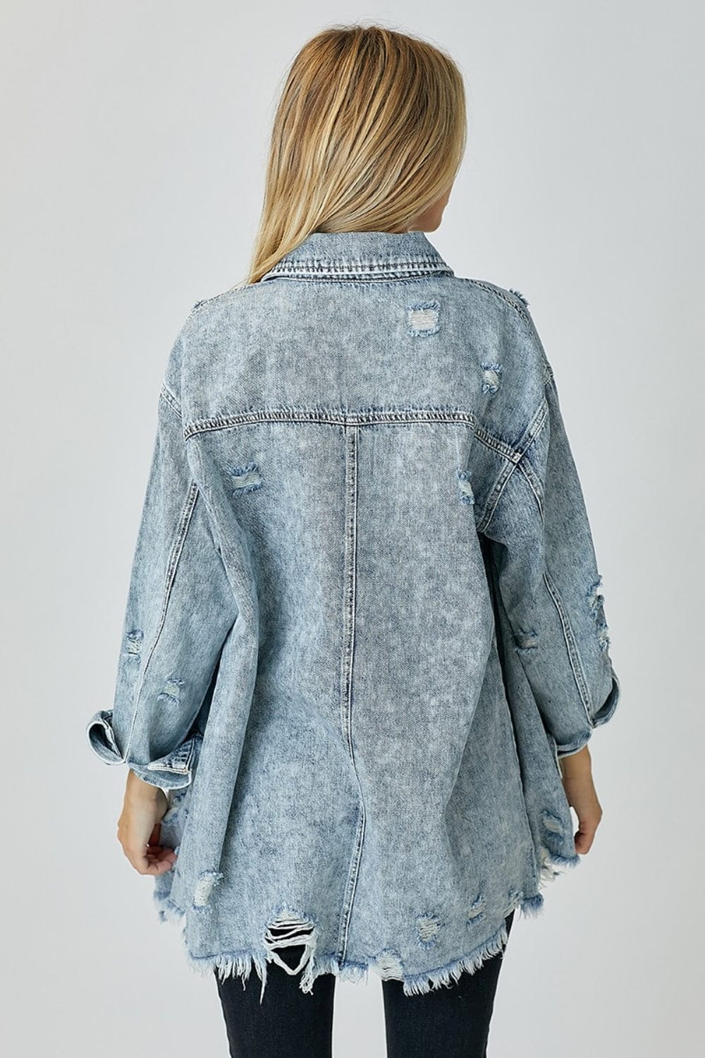 Trendsi Fall RISEN Distressed Raw Hem Denim Shirt RISEN Distressed Raw Hem Denim Shirt
