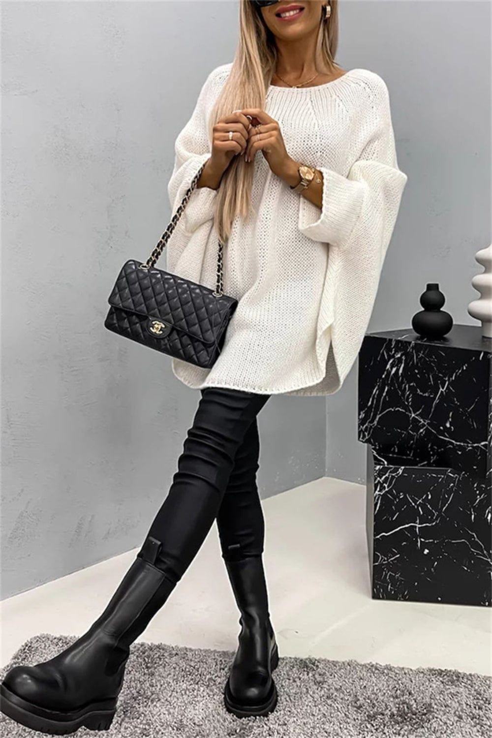 Trendsi Fall Round Neck Batwing Sleeve Sweater Round Neck Batwing Sleeve Sweater