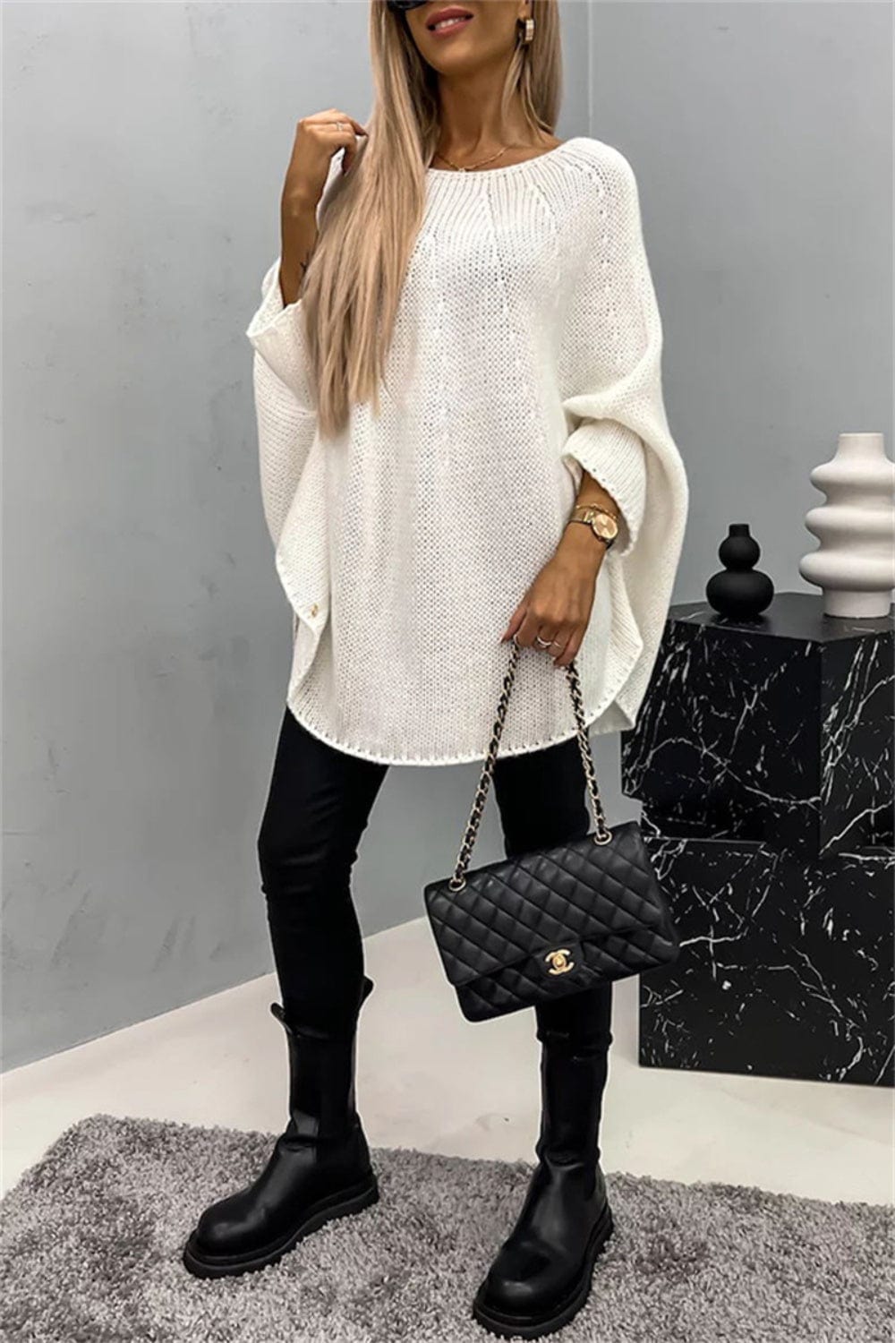 Trendsi Fall Round Neck Batwing Sleeve Sweater Round Neck Batwing Sleeve Sweater