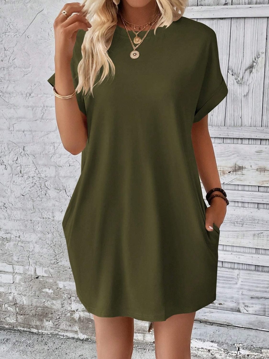 Trendsi Fall Round Neck Short Sleeve Mini Dress Round Neck Short Sleeve Mini Dress