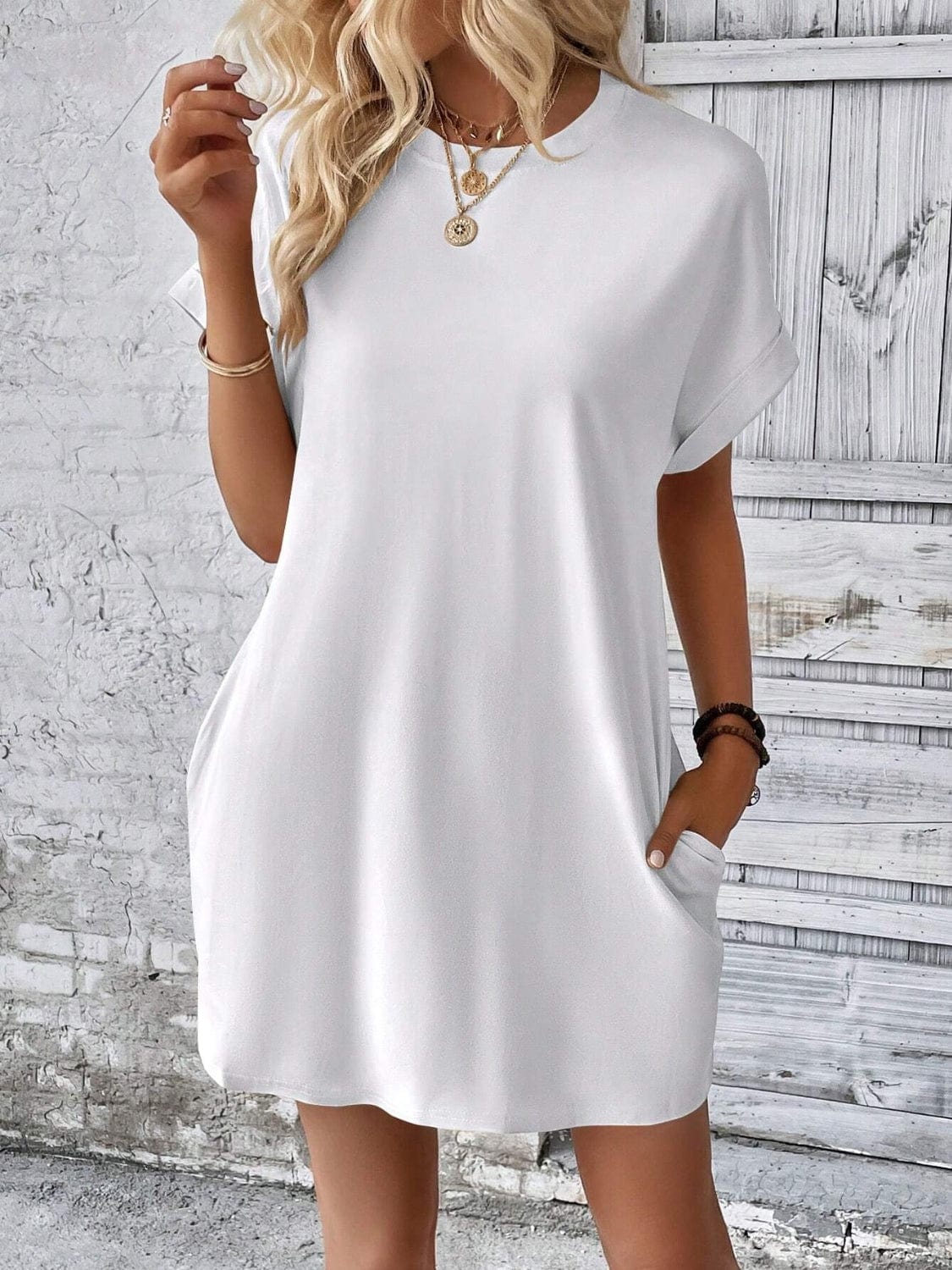 Trendsi Fall Round Neck Short Sleeve Mini Dress Round Neck Short Sleeve Mini Dress