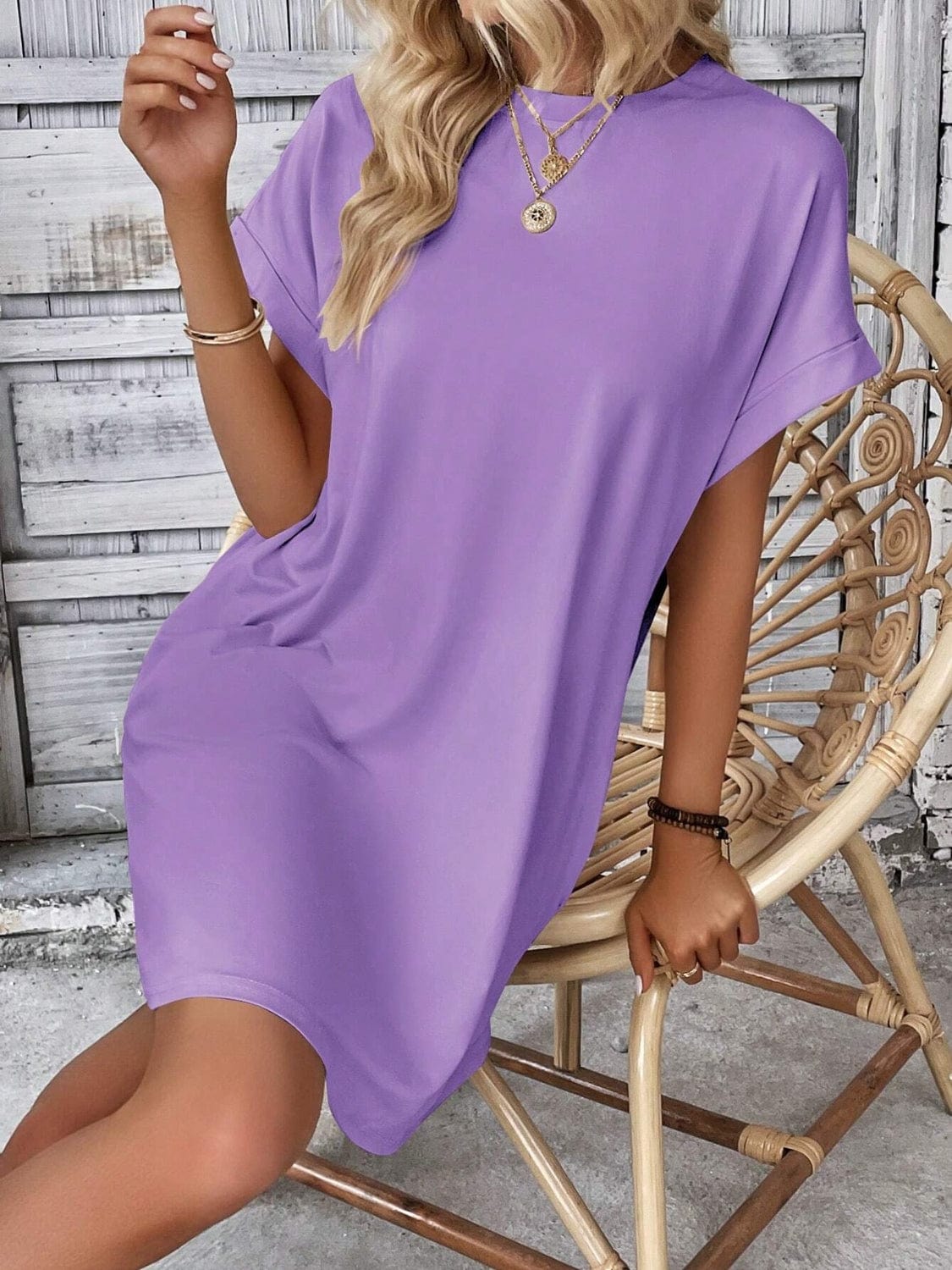 Trendsi Fall Round Neck Short Sleeve Mini Dress Round Neck Short Sleeve Mini Dress