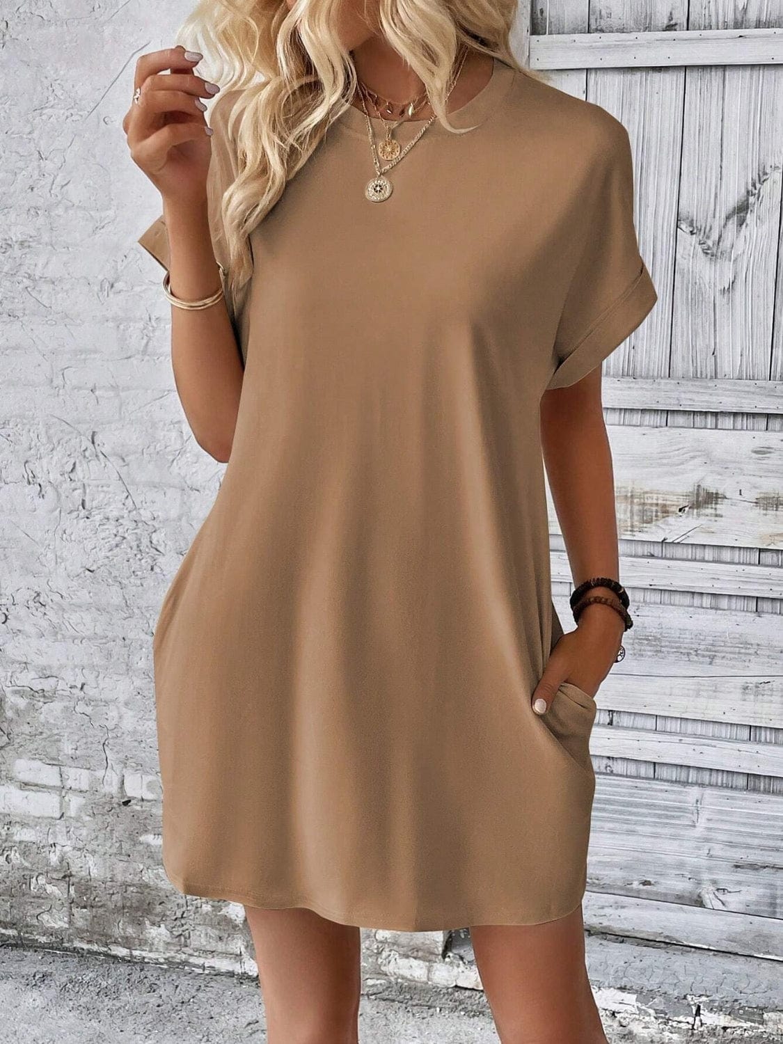 Trendsi Fall Round Neck Short Sleeve Mini Dress Round Neck Short Sleeve Mini Dress