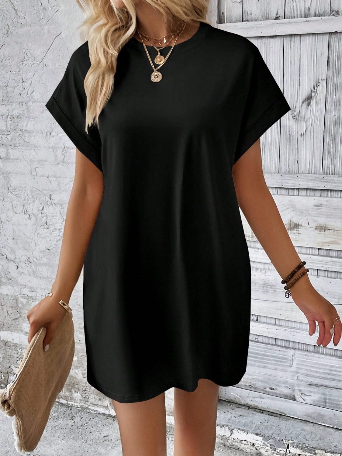 Trendsi Fall Round Neck Short Sleeve Mini Dress Round Neck Short Sleeve Mini Dress