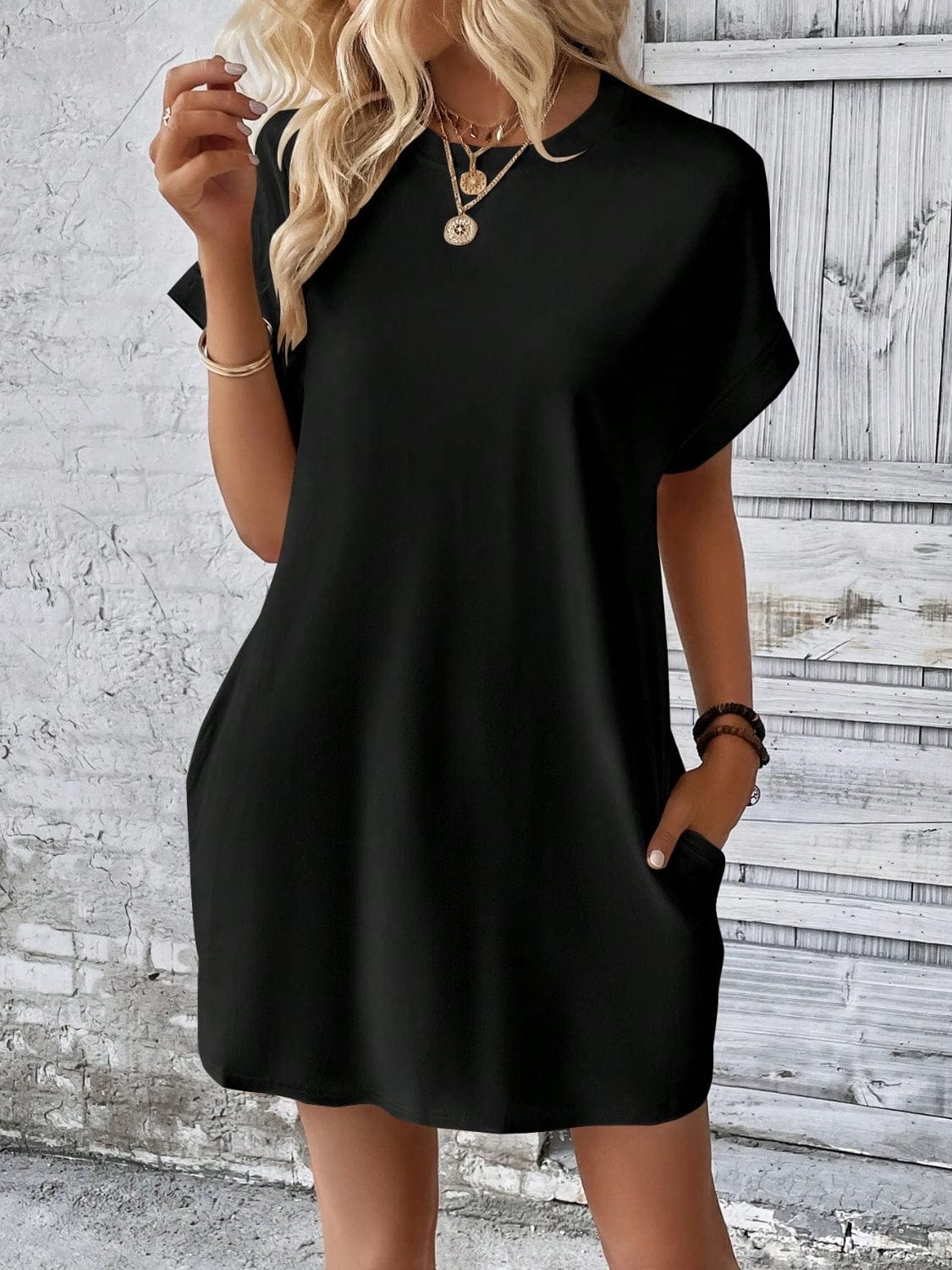 Trendsi Fall Round Neck Short Sleeve Mini Dress Round Neck Short Sleeve Mini Dress