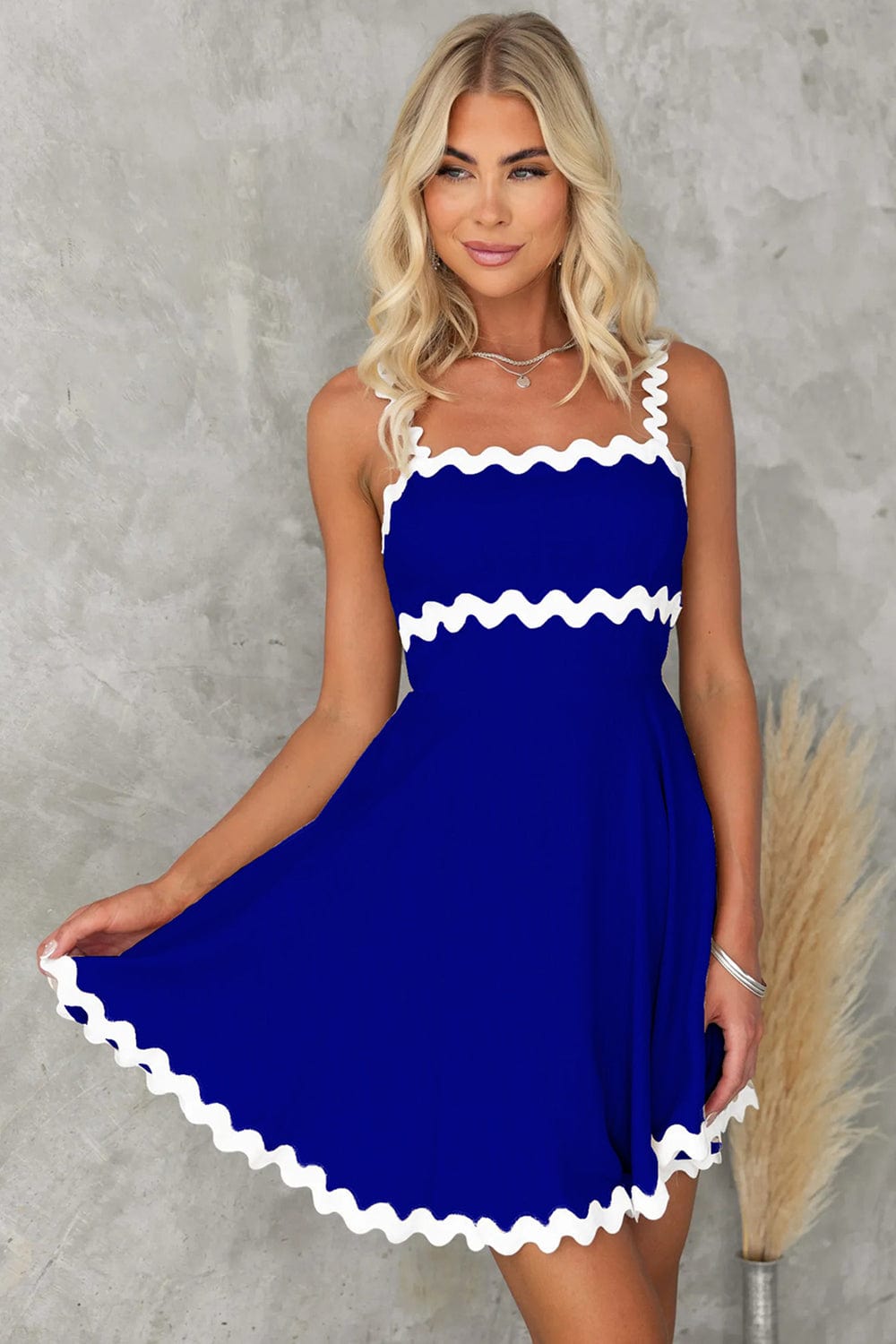 Trendsi Fall Royal Blue / S Contrast Trim Square Neck Mini Dress Contrast Trim Square Neck Mini Dress