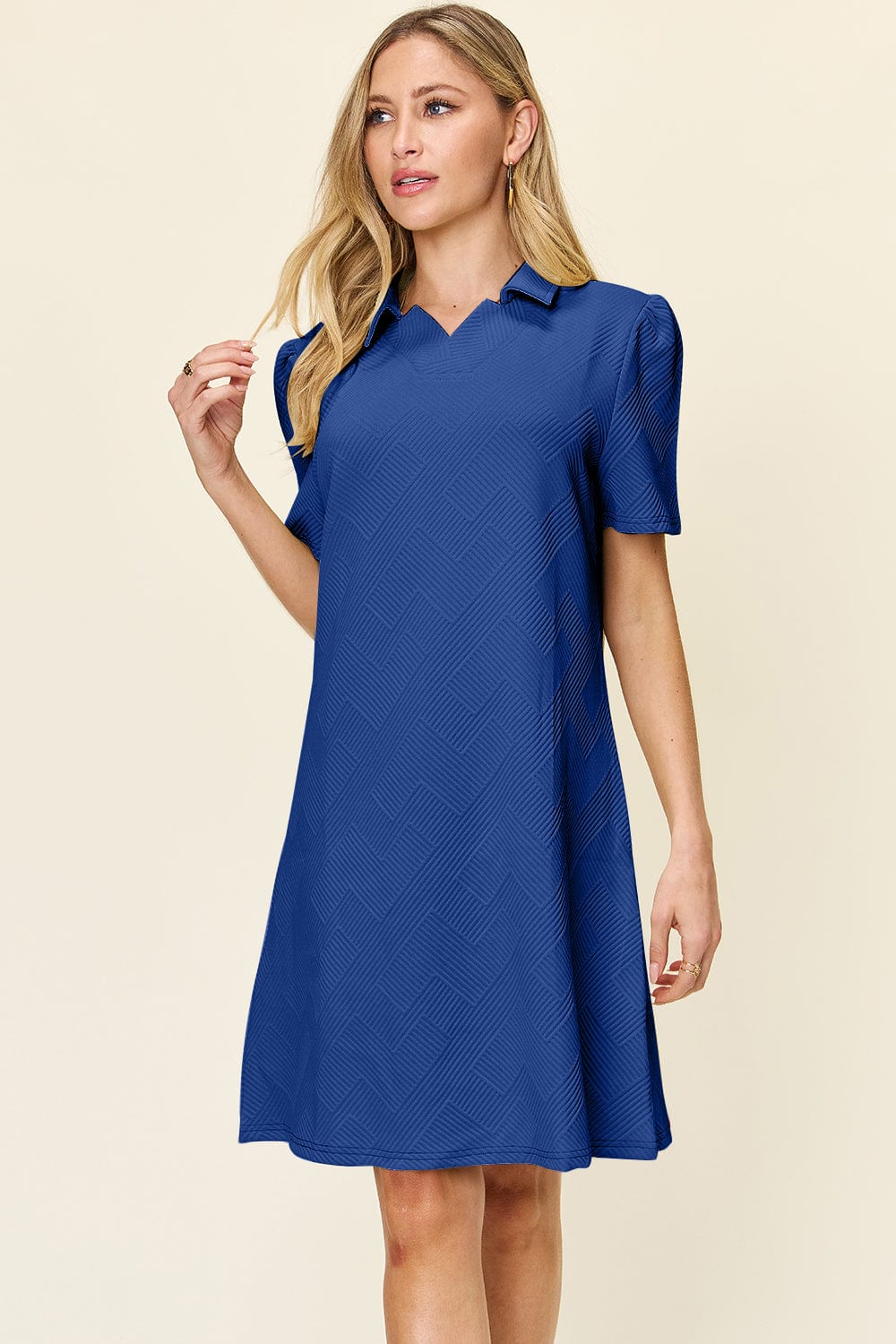 Trendsi Fall Royal Blue / S Double Take Full Size Texture Collared Neck Short Sleeve Dress Double Take Full Size Texture Collared Neck Short Sleeve Dress
