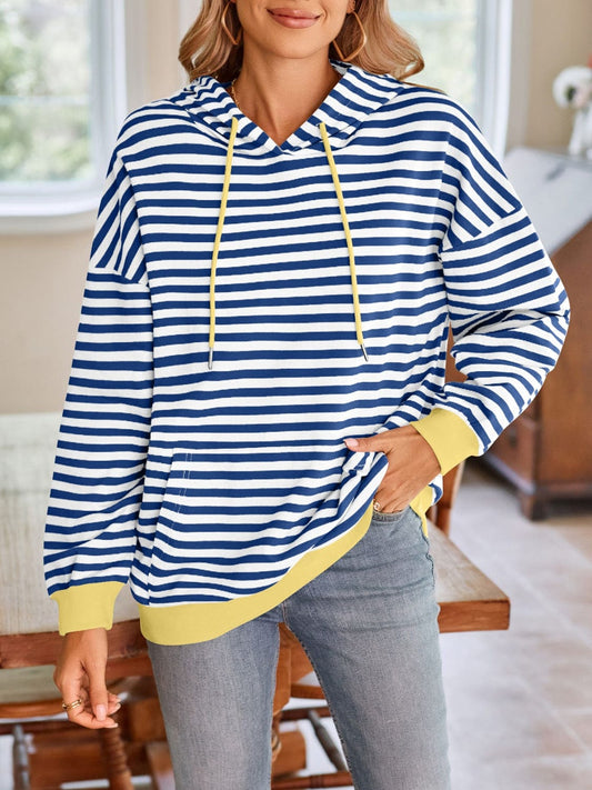 Trendsi Fall Royal Blue / S Drawstring Striped Long Sleeve Hoodie Drawstring Striped Long Sleeve Hoodie