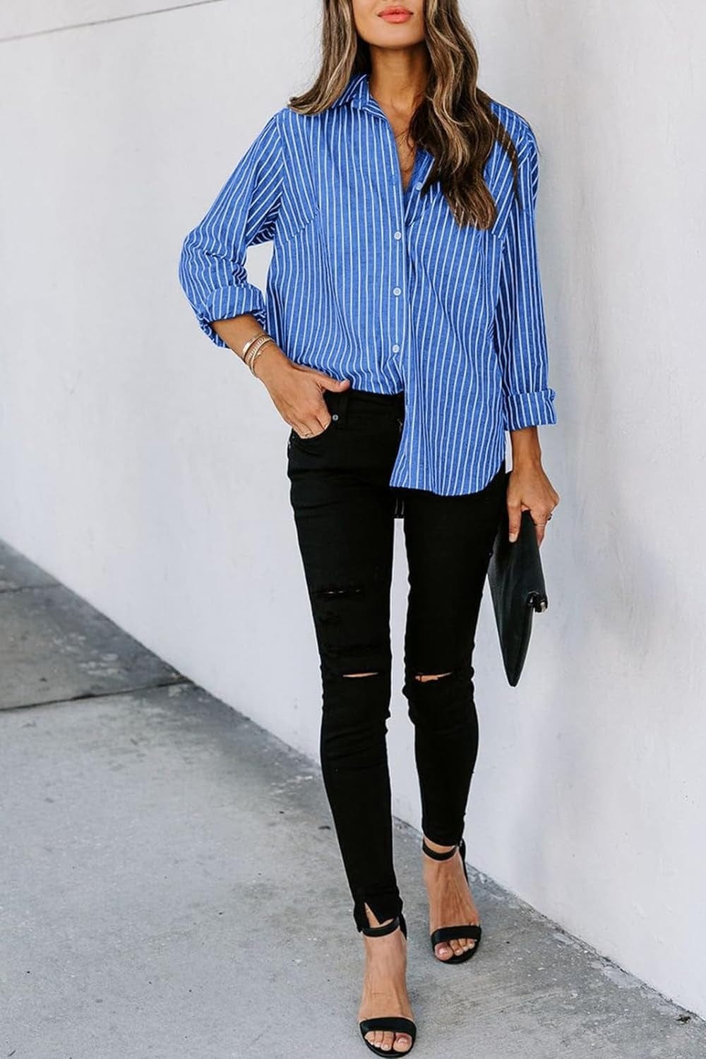 Trendsi Fall Royal Blue / S Striped Button Up Long Sleeve Shirt Striped Button Up Long Sleeve Shirt