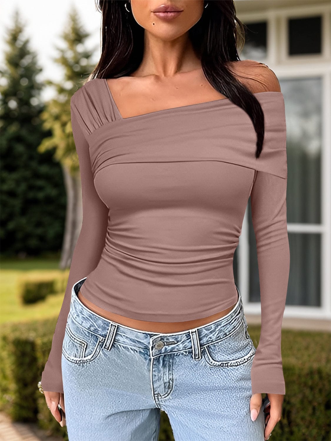 Trendsi Fall Ruched One Shoulder Long Sleeve T-Shirt Ruched One Shoulder Long Sleeve T-Shirt