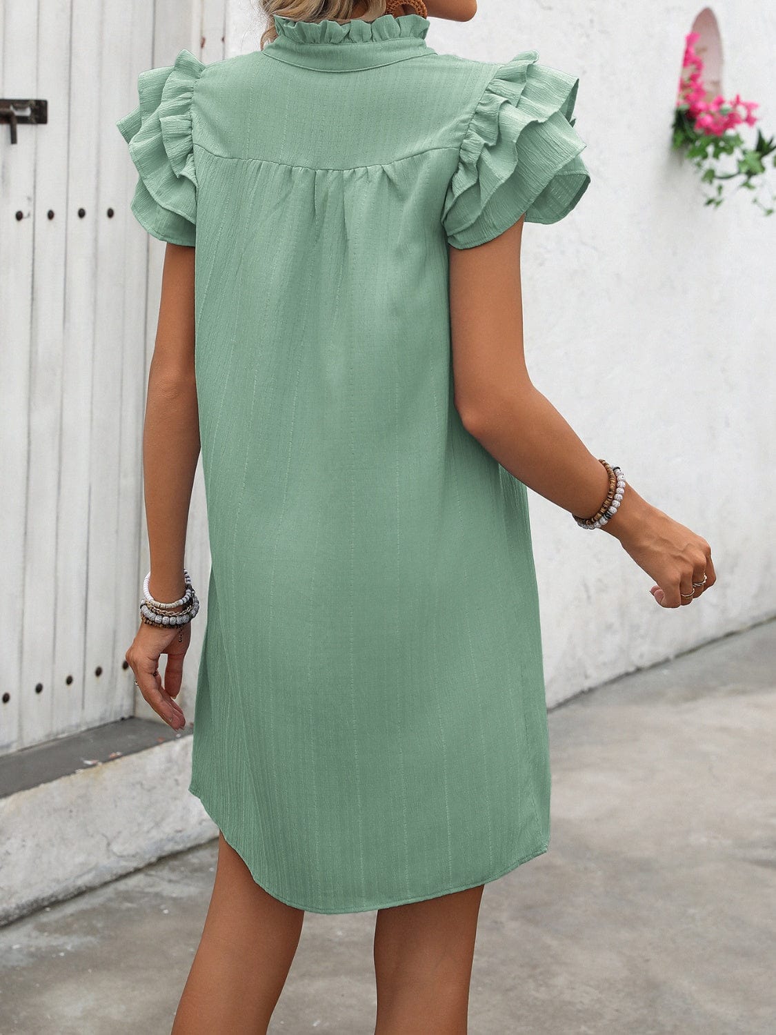 Trendsi Fall Ruffled Notched Cap Sleeve Mini Dress Ruffled Notched Cap Sleeve Mini Dress