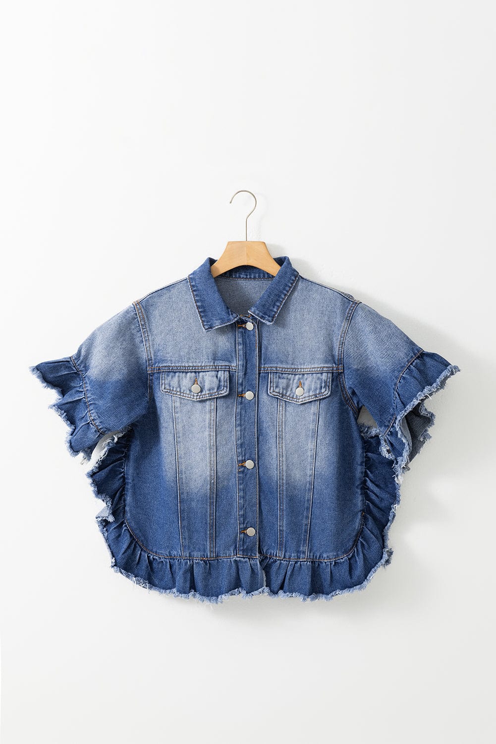Trendsi Fall Ruffled Raw Hem Half Sleeve Denim Top Ruffled Raw Hem Half Sleeve Denim Top