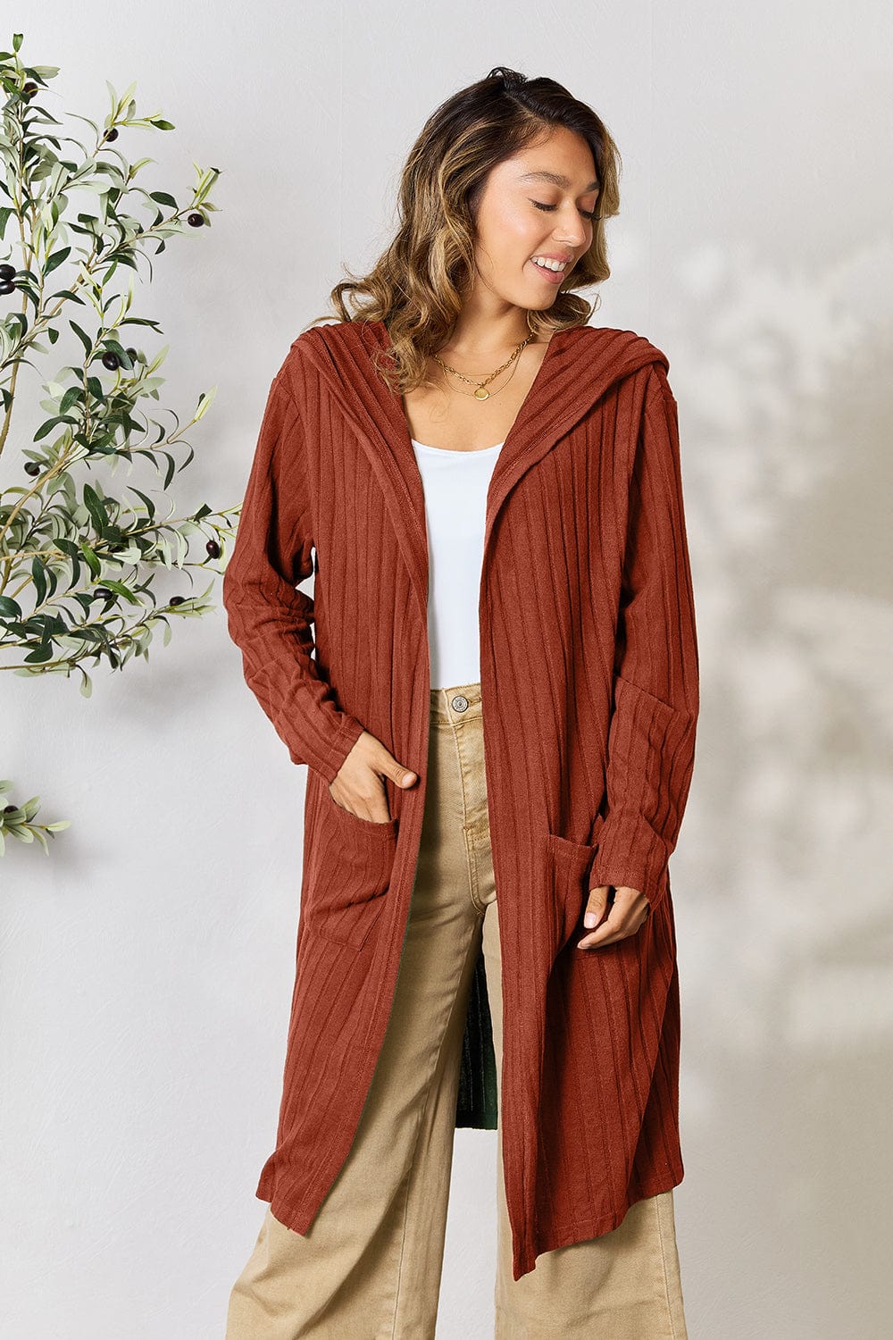 Trendsi Fall Rust / S Basic Bae Full Size Hooded Sweater Cardigan Basic Bae Full Size Hooded Sweater Cardigan
