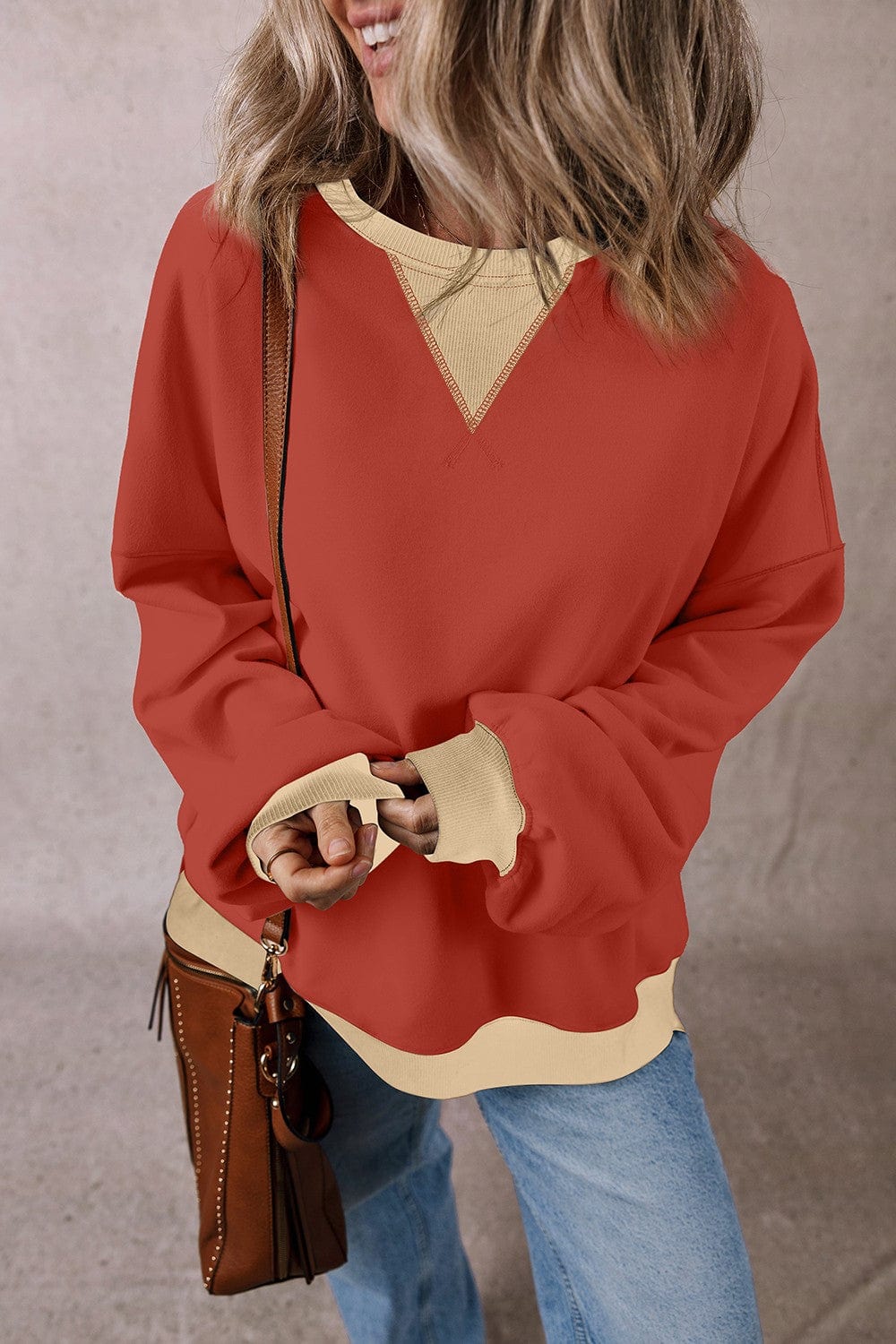 Trendsi Fall Rust / S Contrast Round Neck Long Sleeve Sweatshirt Contrast Round Neck Long Sleeve Sweatshirt