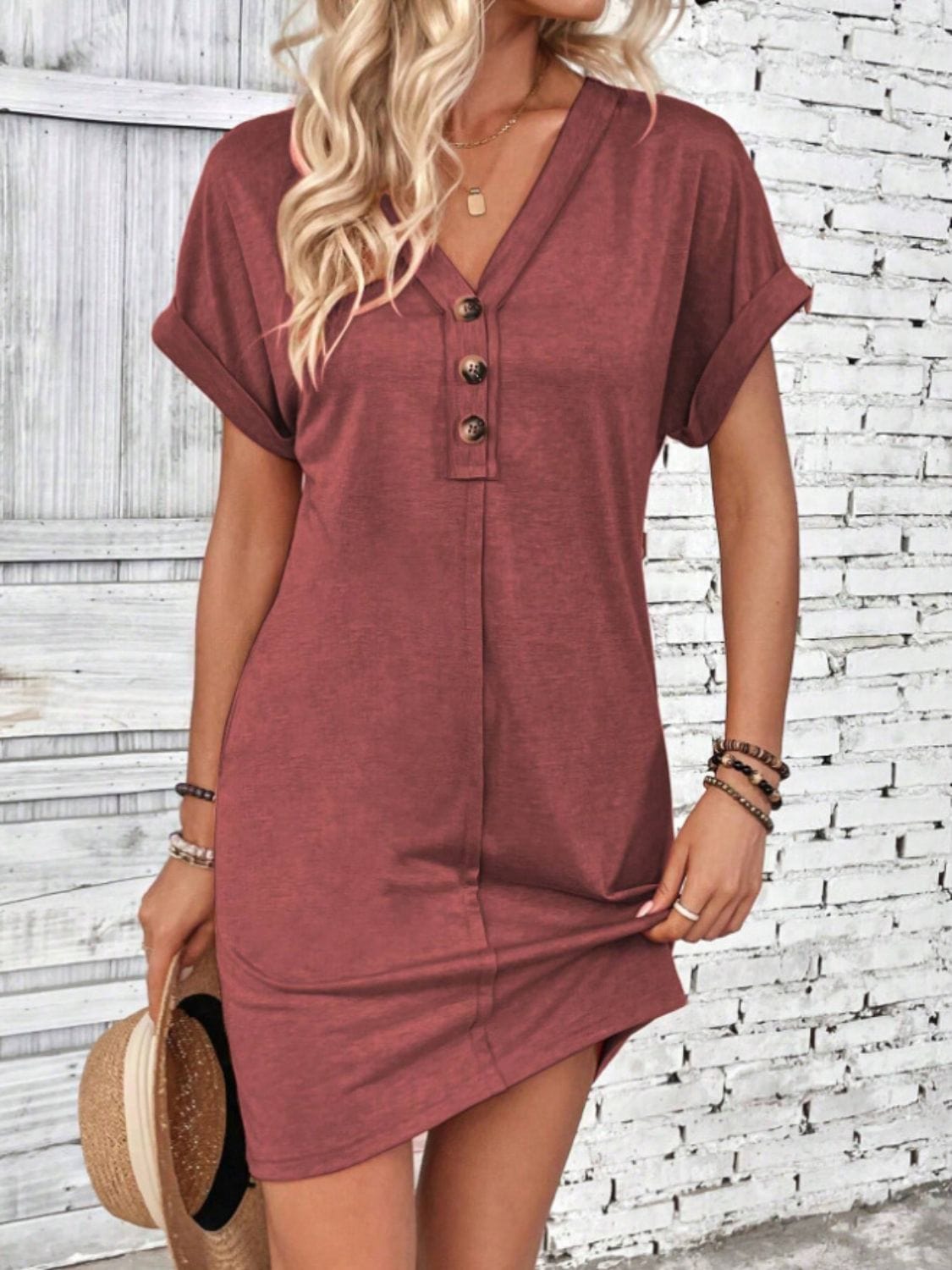 Trendsi Fall Rust / S Quarter Button V-Neck Short Sleeve Dress Quarter Button V-Neck Short Sleeve Dress