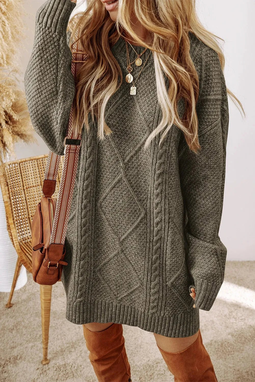 Trendsi Fall Sage / M Cable-Knit Round Neck Sweater Dress Cable-Knit Round Neck Sweater Dress