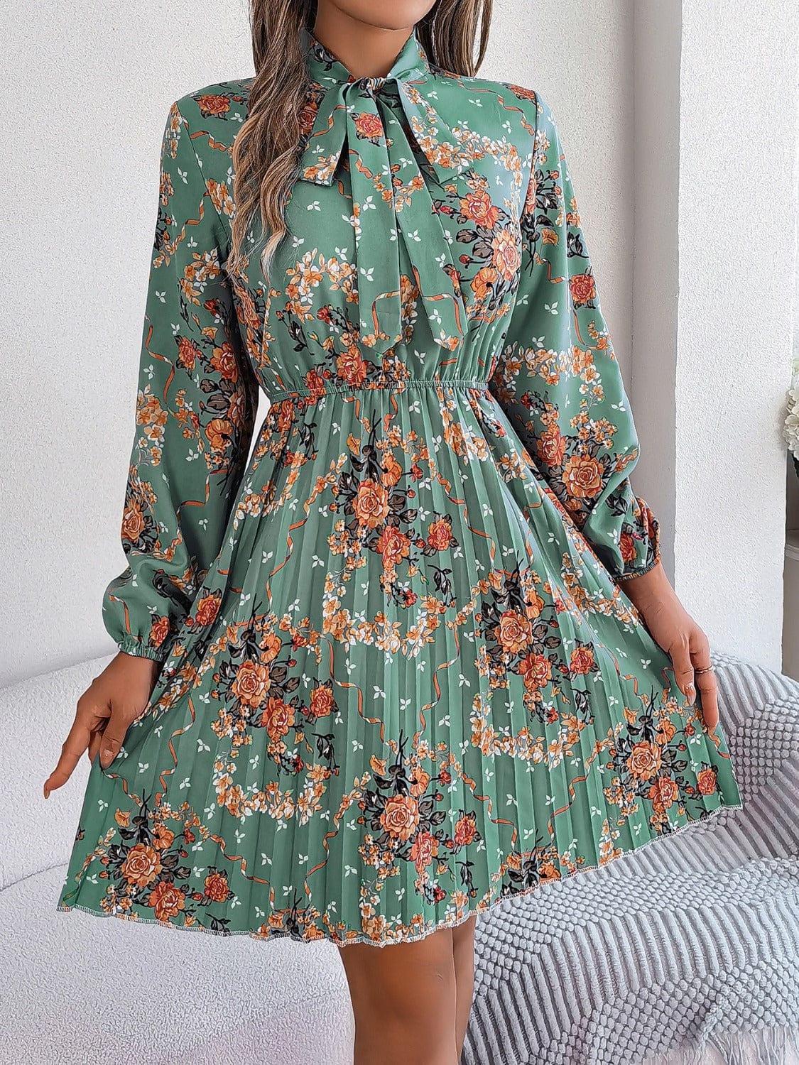 Trendsi Fall Sage / S Pleated Printed Tie Neck Long Sleeve Dress Pleated Printed Tie Neck Long Sleeve Dress