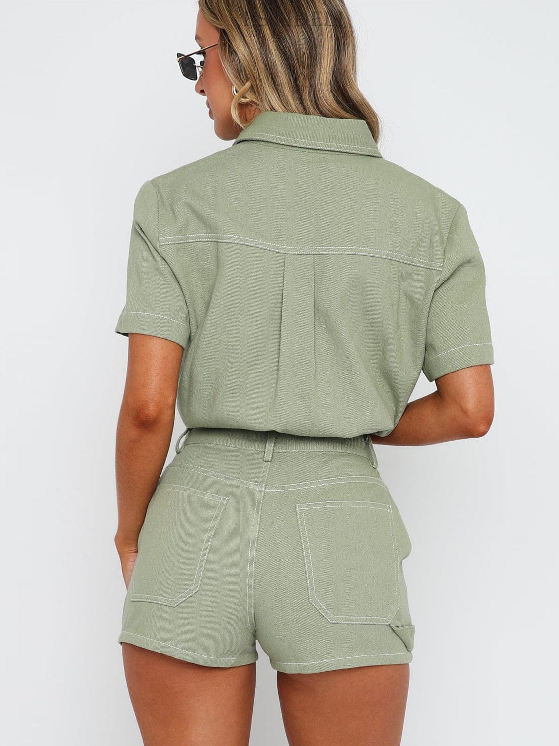 Trendsi Fall Sage / S Pocketed Button Up Top and Shorts Set Pocketed Button Up Top and Shorts Set