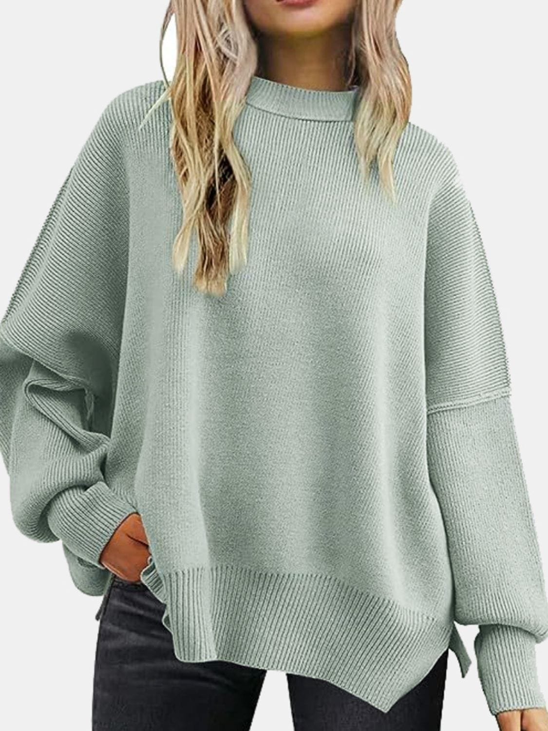 Trendsi Fall Sage / S Round Neck Drop Shoulder Slit Sweater Round Neck Drop Shoulder Slit Sweater