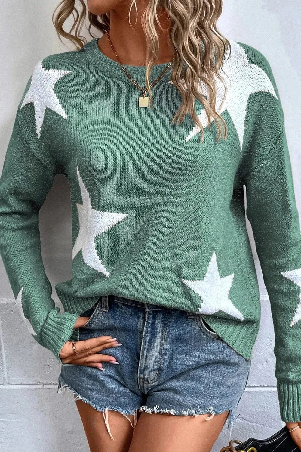Trendsi Fall Sage / S Star Round Neck Dropped Shoulder Sweater Star Round Neck Dropped Shoulder Sweater