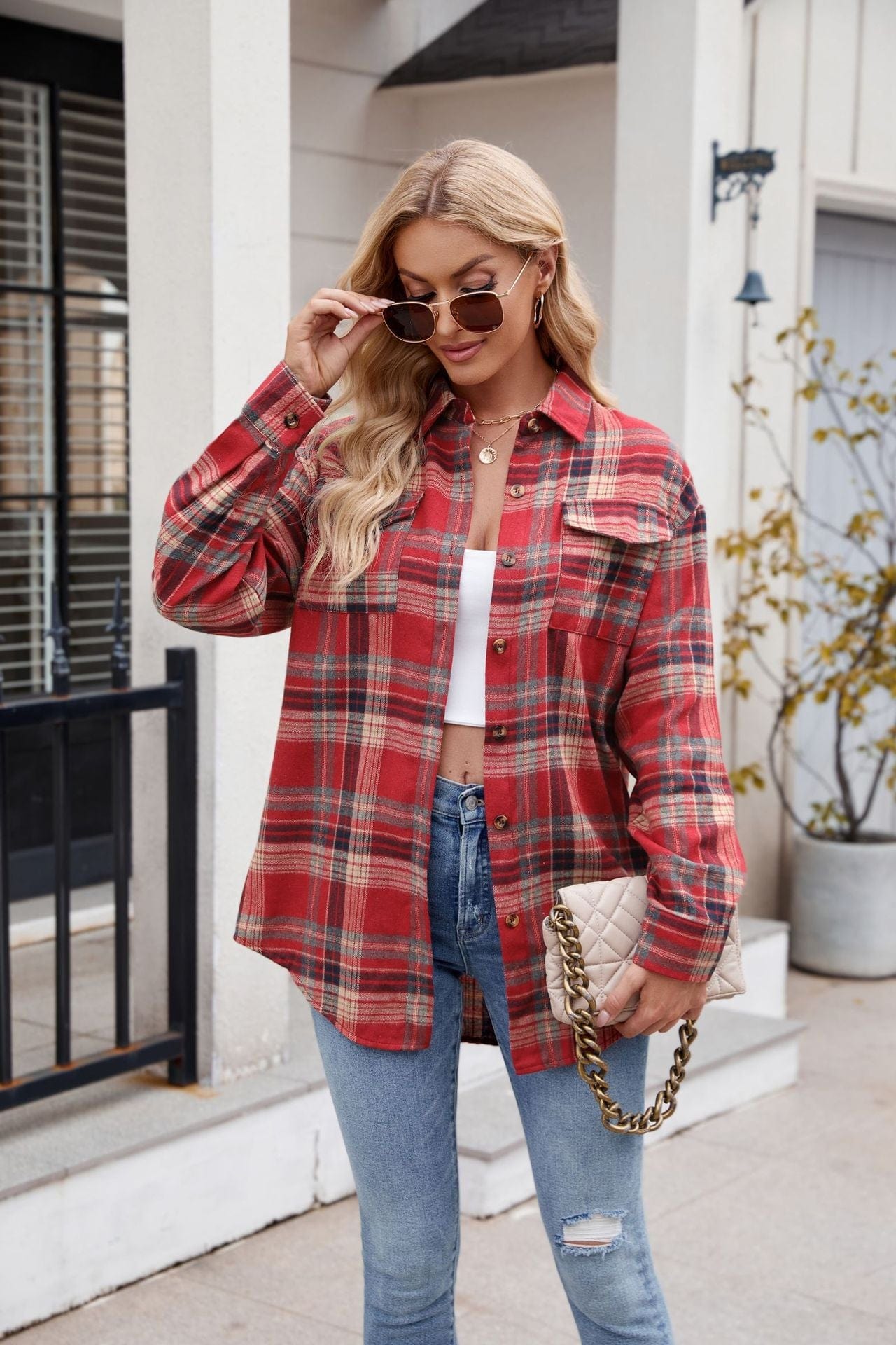 Trendsi Fall Scarlet / S Plaid Button Up Long Sleeve Shirt Plaid Button Up Long Sleeve Shirt
