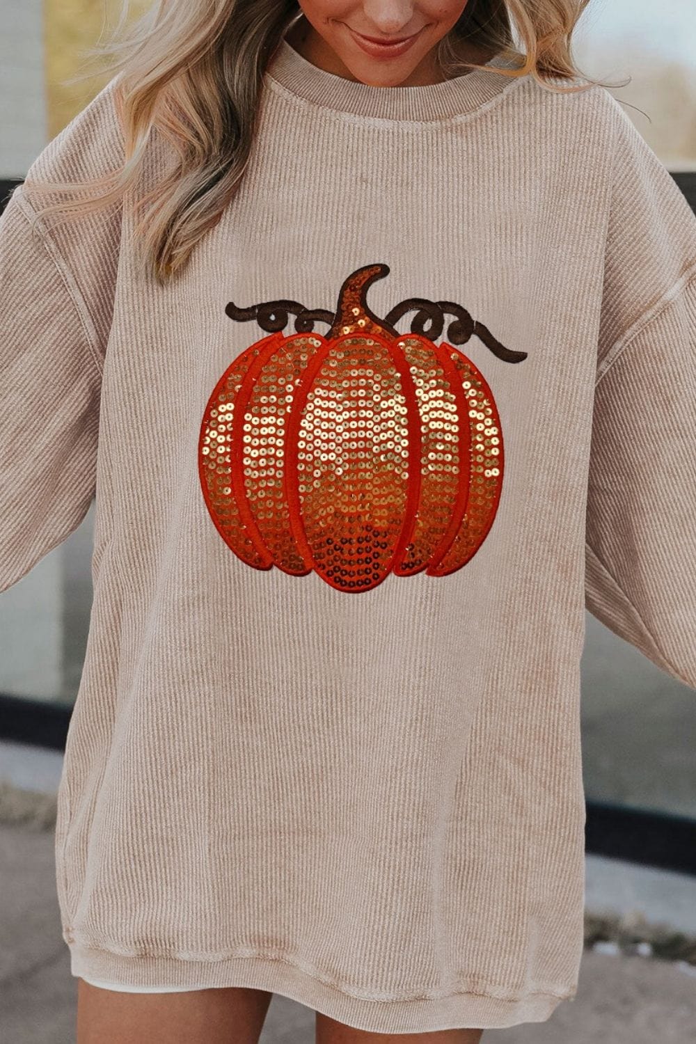 Trendsi Fall Sequin Pumpkin Round Neck Long Sleeve Sweatshirt Sequin Pumpkin Round Neck Long Sleeve Sweatshirt