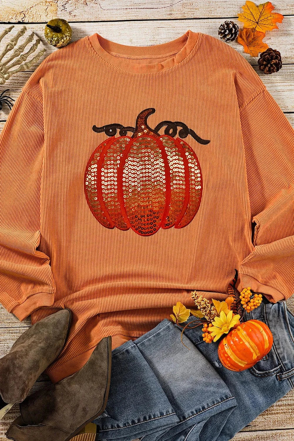 Trendsi Fall Sequin Pumpkin Round Neck Long Sleeve Sweatshirt Sequin Pumpkin Round Neck Long Sleeve Sweatshirt