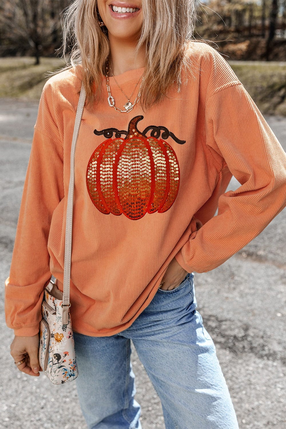 Trendsi Fall Sequin Pumpkin Round Neck Long Sleeve Sweatshirt Sequin Pumpkin Round Neck Long Sleeve Sweatshirt