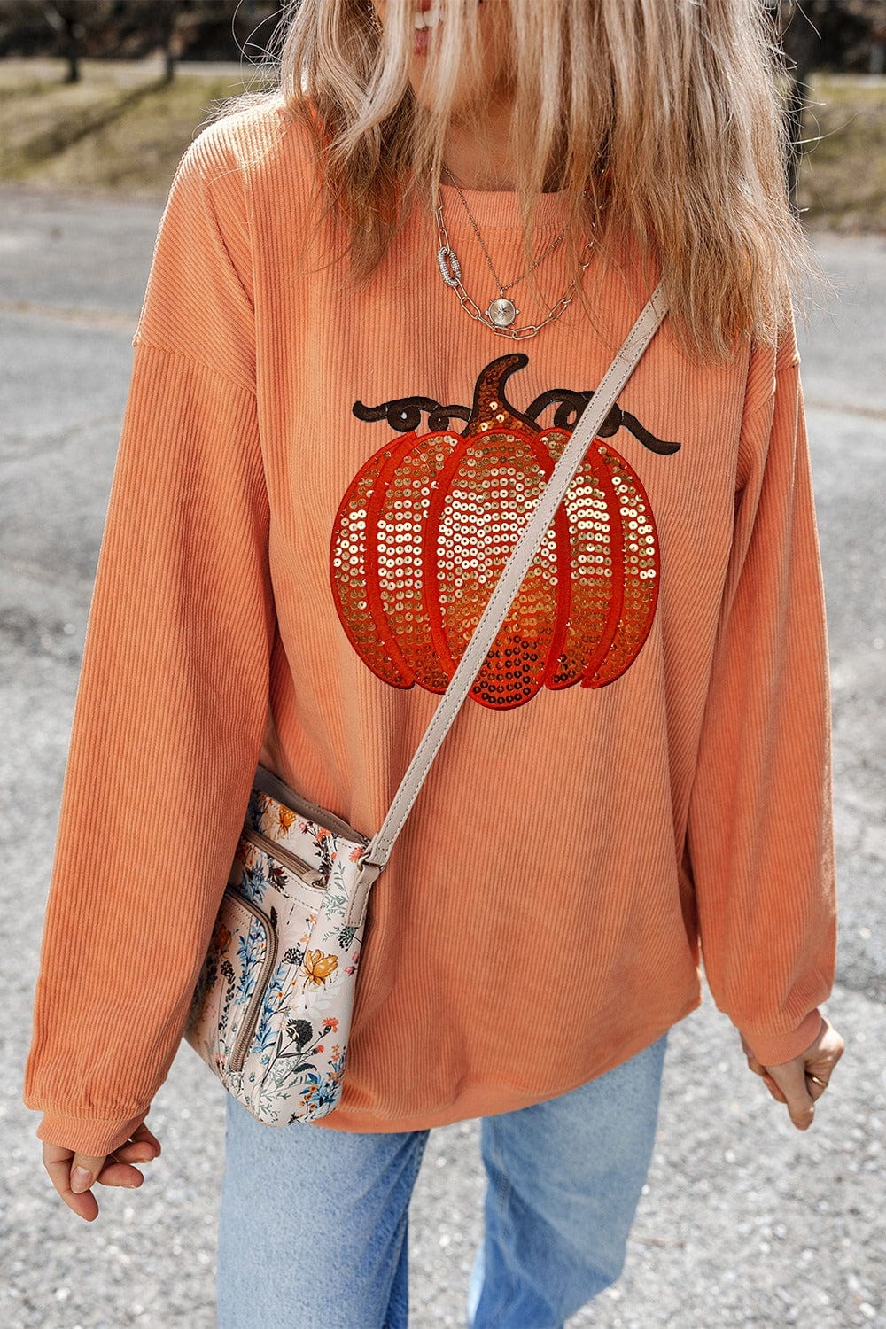 Trendsi Fall Sequin Pumpkin Round Neck Long Sleeve Sweatshirt Sequin Pumpkin Round Neck Long Sleeve Sweatshirt