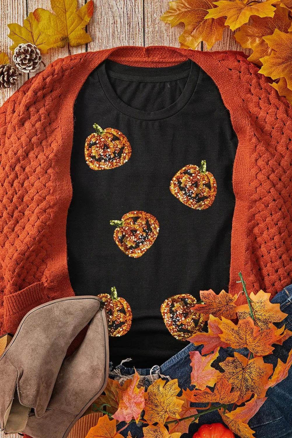 Trendsi Fall Sequin Pumpkin Round Neck Short Sleeve T-Shirt Sequin Pumpkin Round Neck Short Sleeve T-Shirt