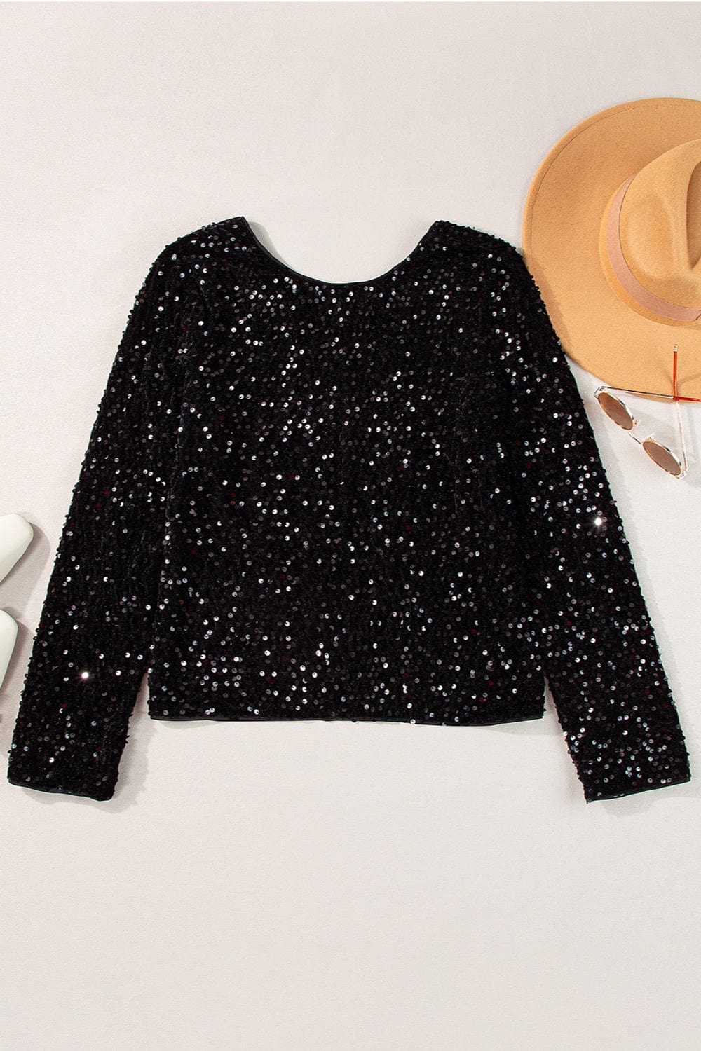 Trendsi Fall Sequin Round Neck Long Sleeve Blouse Sequin Round Neck Long Sleeve Blouse