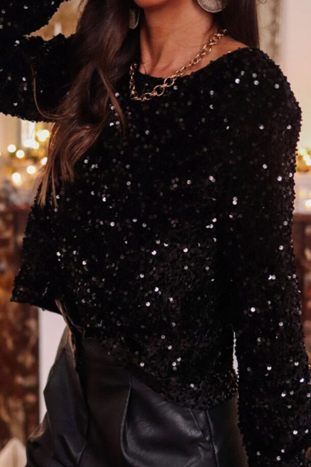 Trendsi Fall Sequin Round Neck Long Sleeve Blouse Sequin Round Neck Long Sleeve Blouse