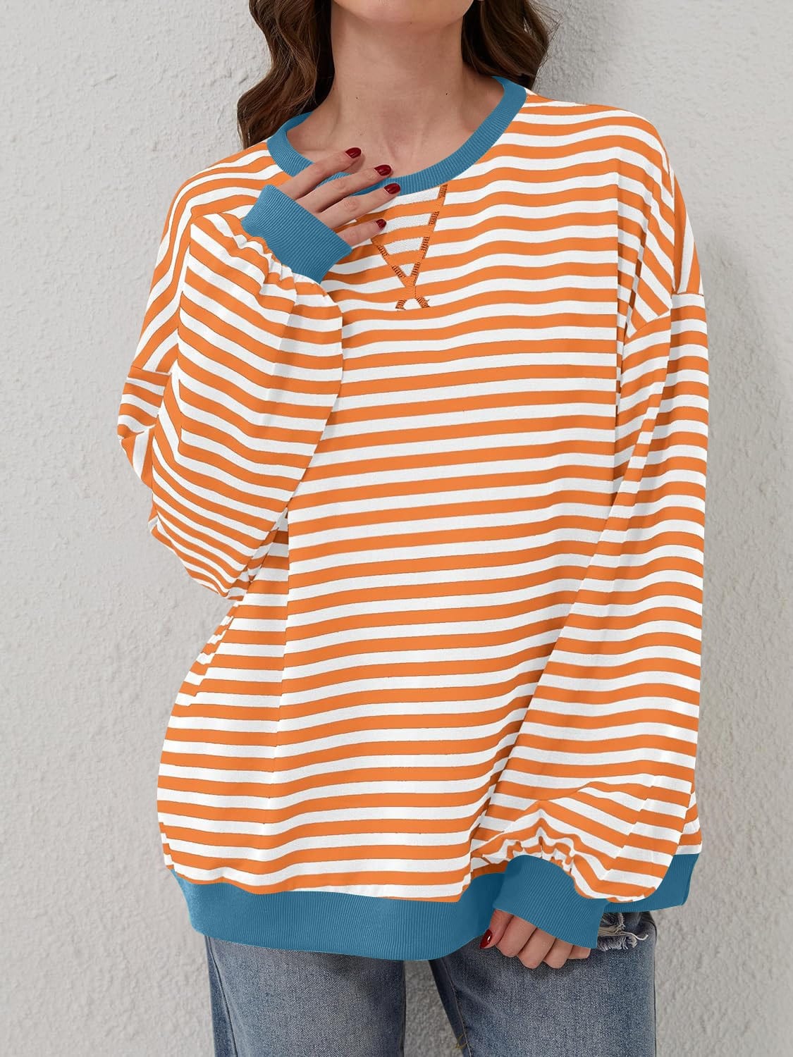 Trendsi Fall Sherbet / S Contrast Striped Long Sleeve Sweatshirt Contrast Striped Long Sleeve Sweatshirt
