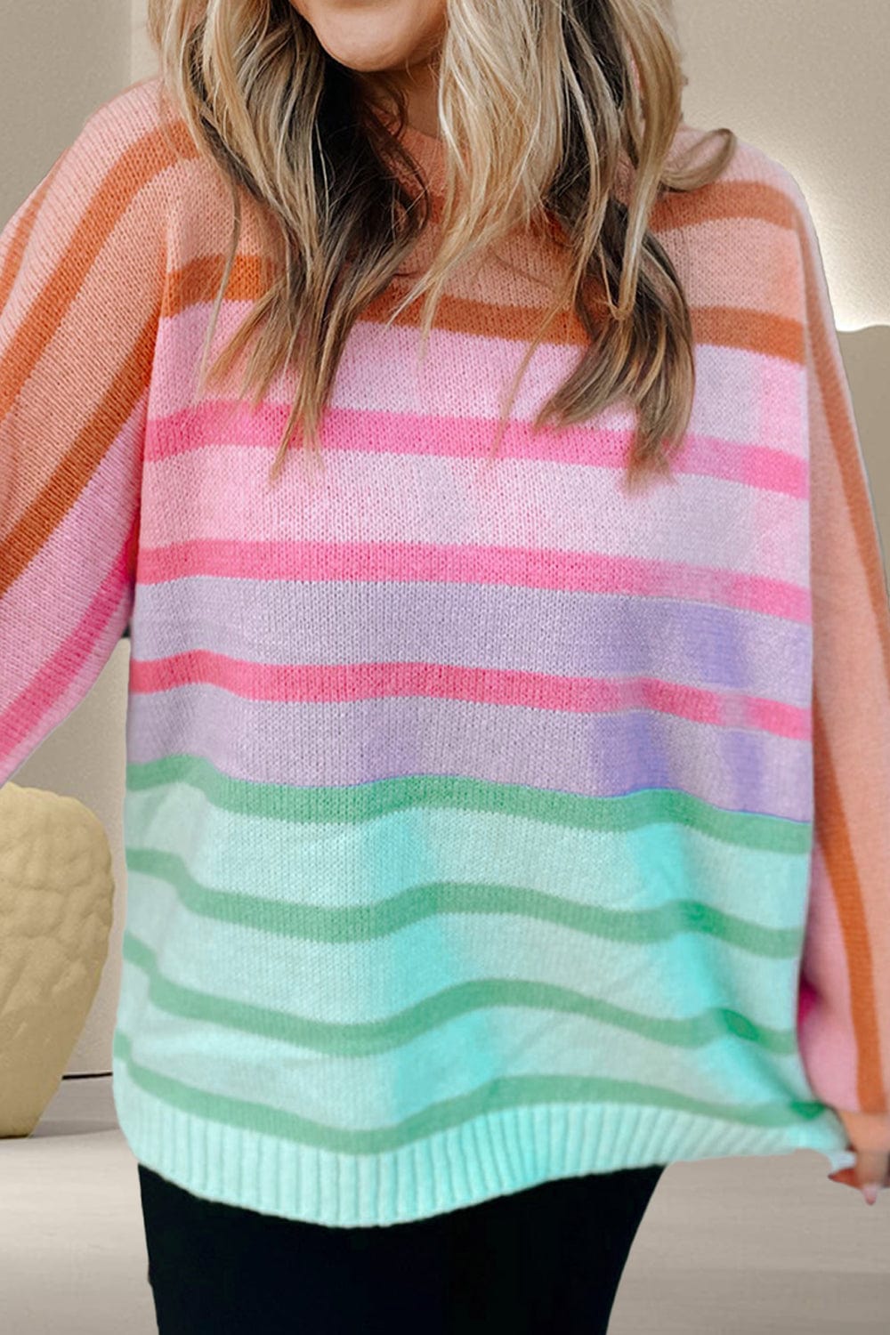 Trendsi Fall Sherbet / S Contrast Striped Round Neck Long Sleeve Knit Top Contrast Striped Round Neck Long Sleeve Knit Top