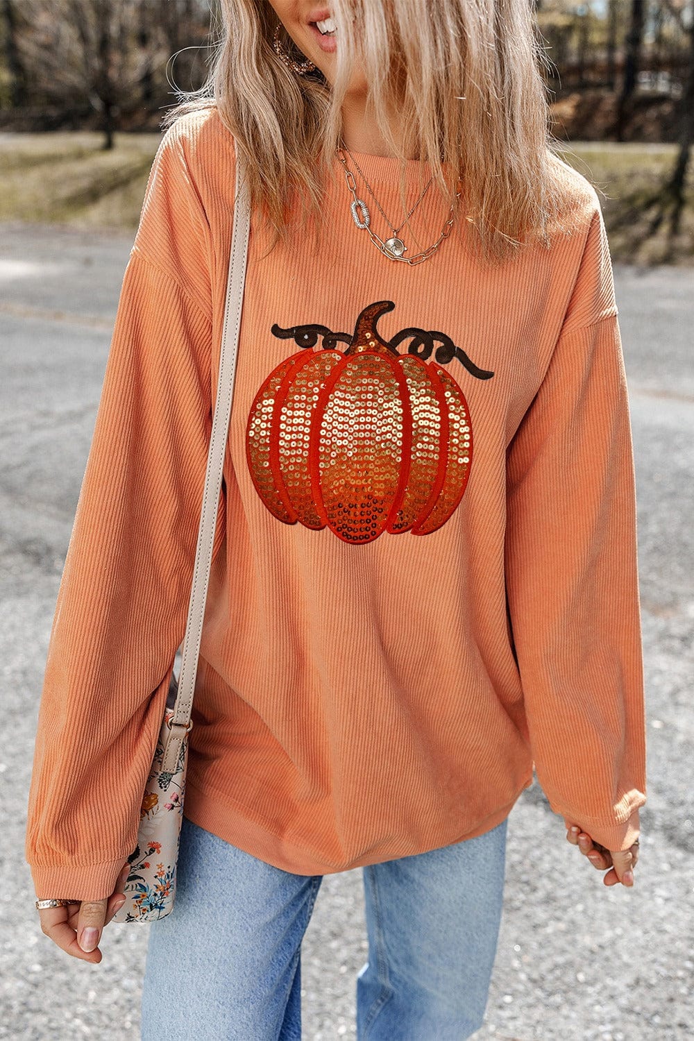 Trendsi Fall Sherbet / S Sequin Pumpkin Round Neck Long Sleeve Sweatshirt Sequin Pumpkin Round Neck Long Sleeve Sweatshirt