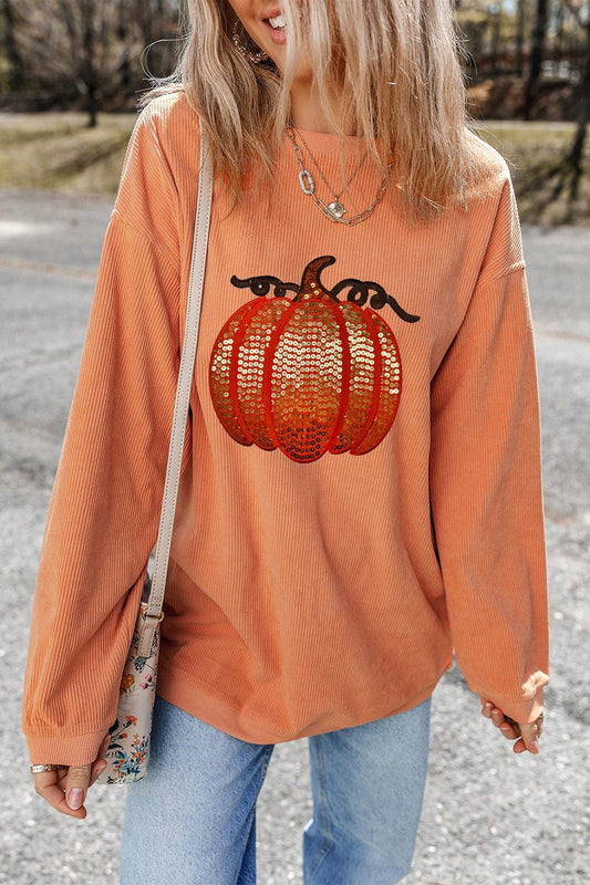 Trendsi Fall Sherbet / S Sequin Pumpkin Round Neck Long Sleeve Sweatshirt Sequin Pumpkin Round Neck Long Sleeve Sweatshirt