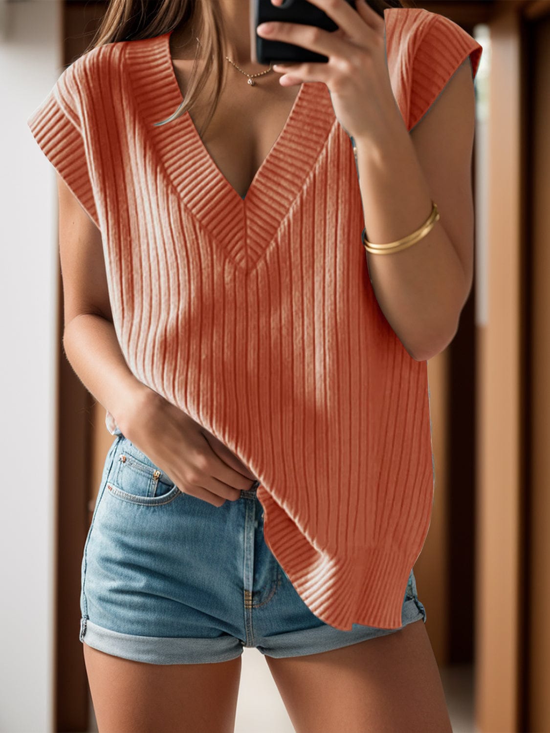 Trendsi Fall Sherbet / S V-Neck Cap Sleeve Knit Vest V-Neck Cap Sleeve Knit Vest