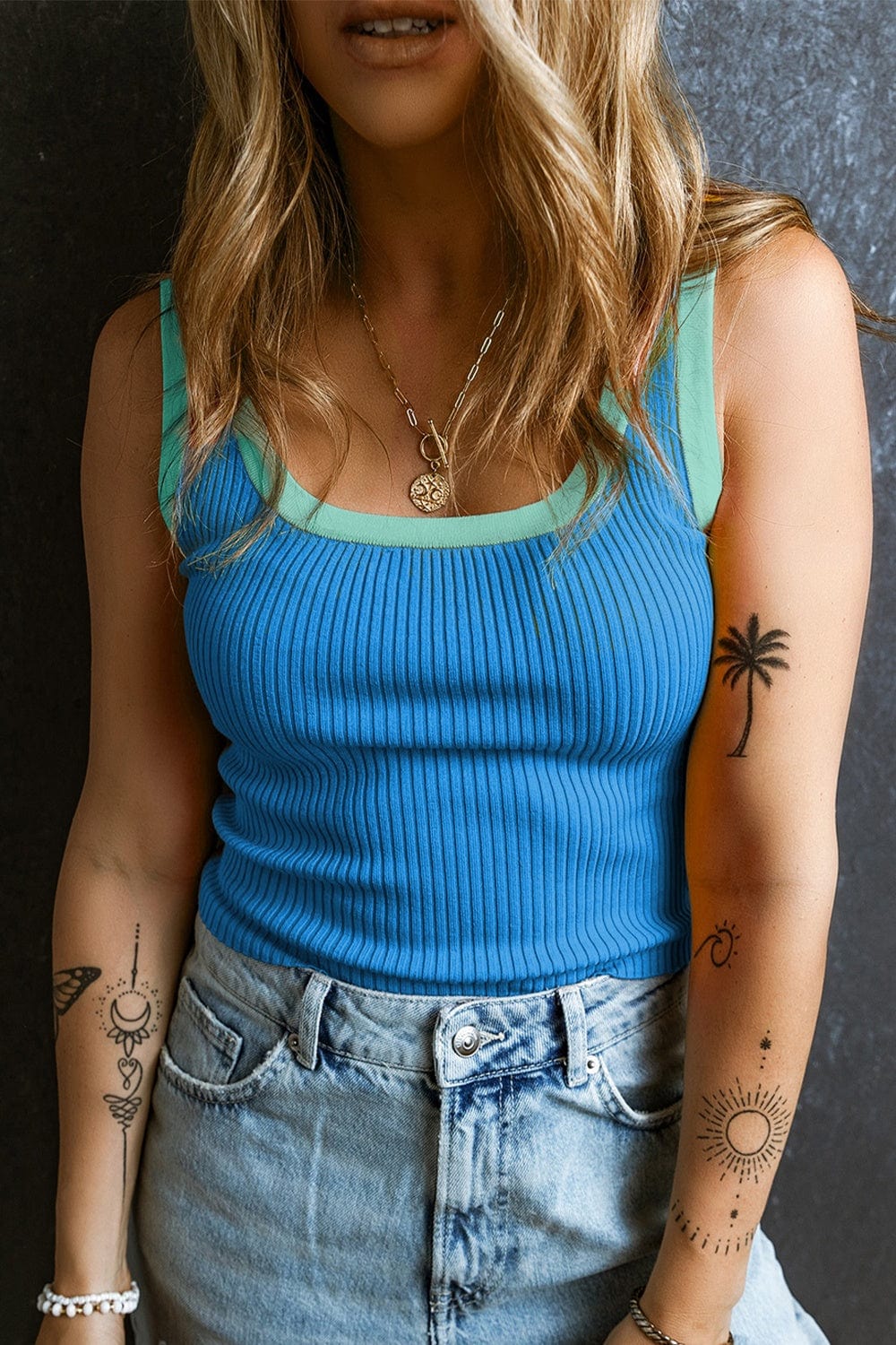 Trendsi Fall Sky Blue / S Contrast Trim Ribbed Knit Vest Contrast Trim Ribbed Knit Vest