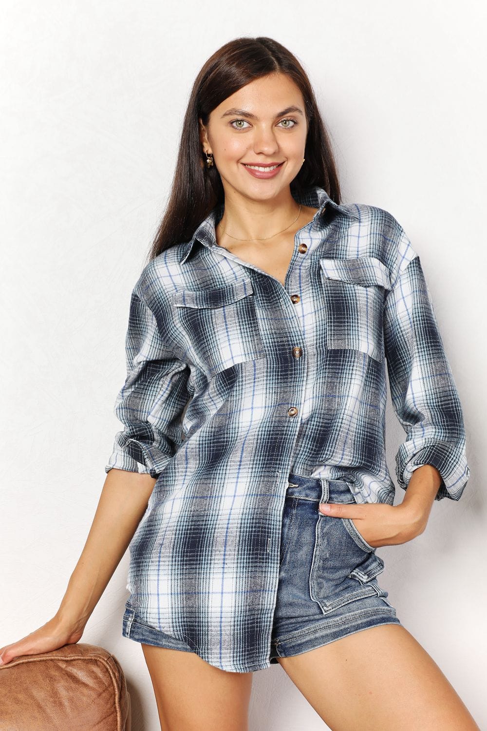Trendsi Fall Sky Blue / S Plaid Dropped Shoulder Shirt Plaid Dropped Shoulder Shirt