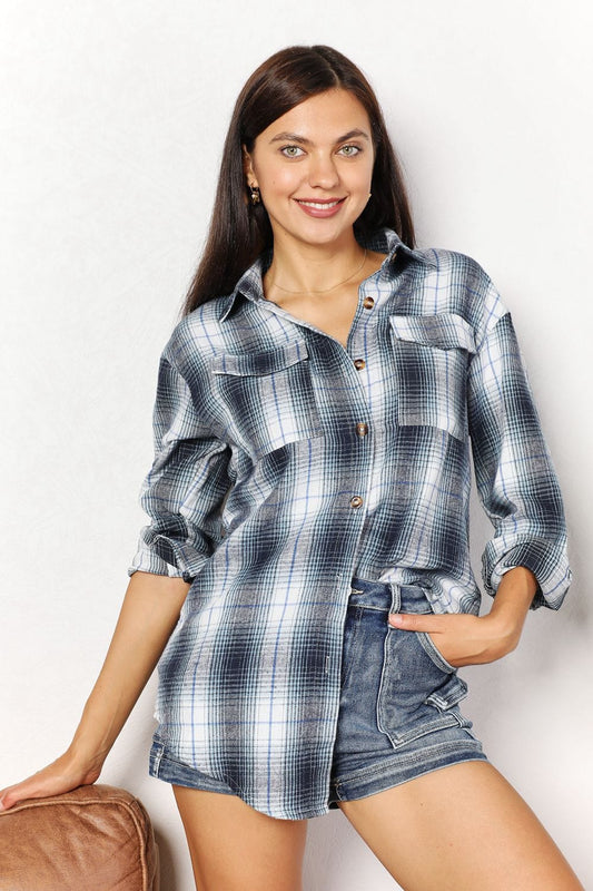 Trendsi Fall Sky Blue / S Plaid Dropped Shoulder Shirt Plaid Dropped Shoulder Shirt