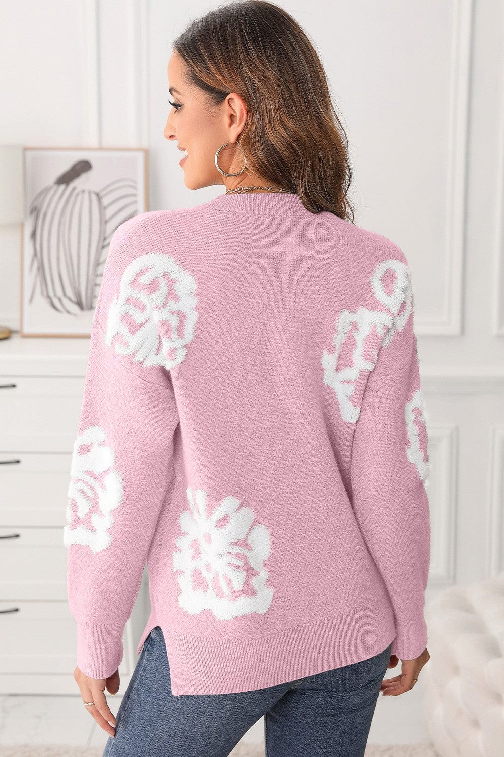 Trendsi Fall Slit Round Neck Dropped Shoulder Sweater Slit Round Neck Dropped Shoulder Sweater