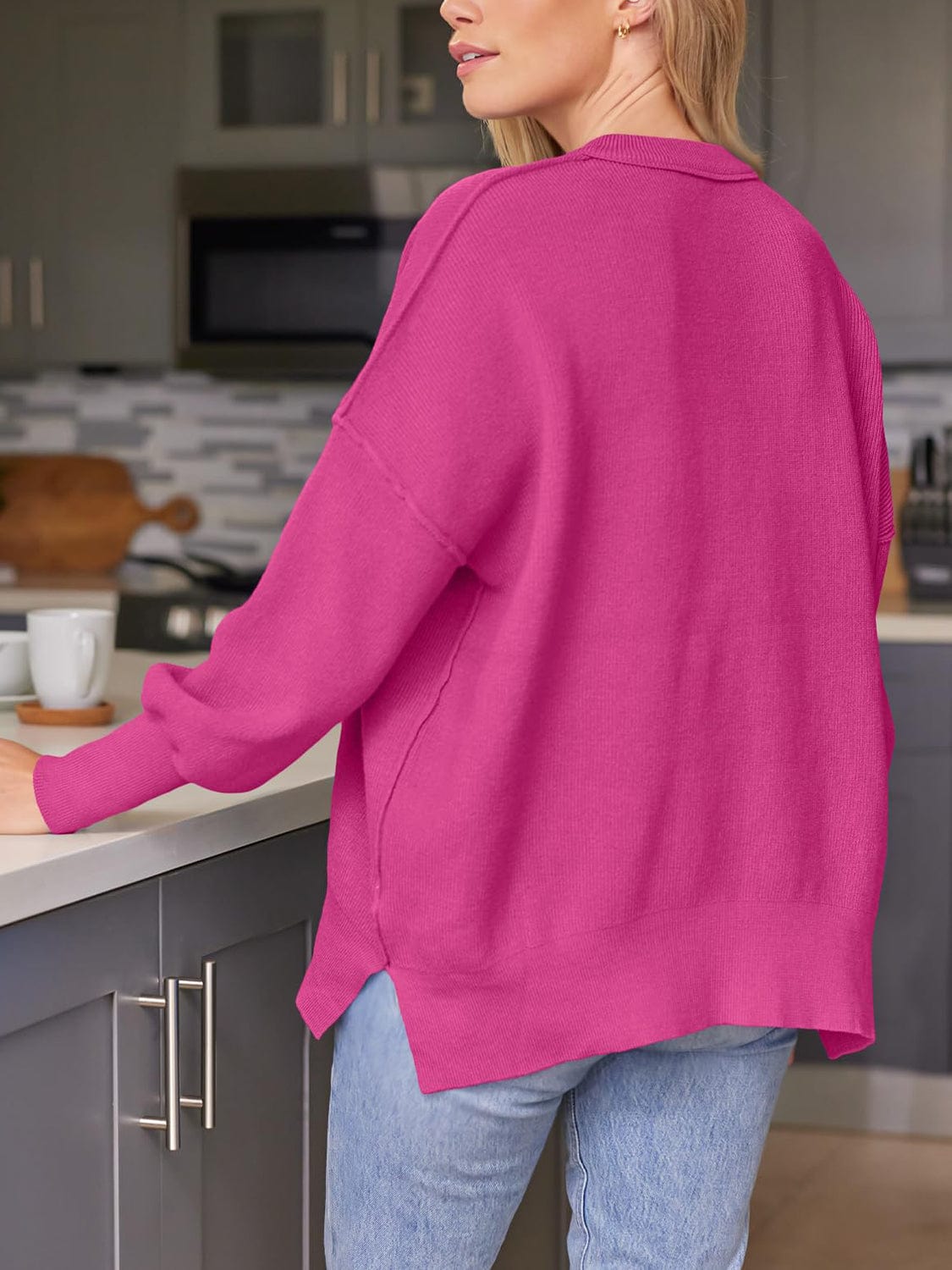 Trendsi Fall Slit Round Neck Dropped Shoulder Sweater Slit Round Neck Dropped Shoulder Sweater