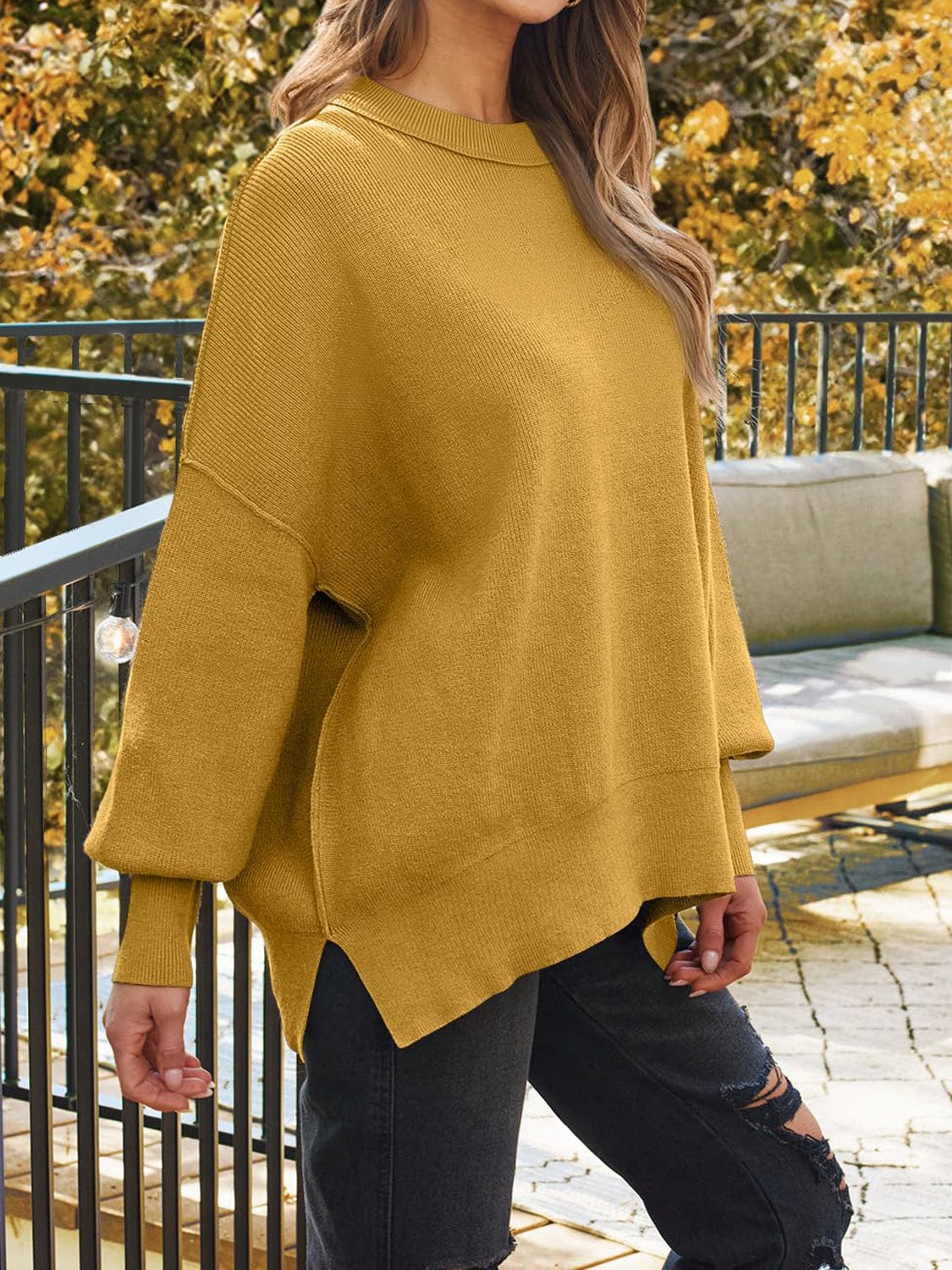 Trendsi Fall Slit Round Neck Dropped Shoulder Sweater Slit Round Neck Dropped Shoulder Sweater