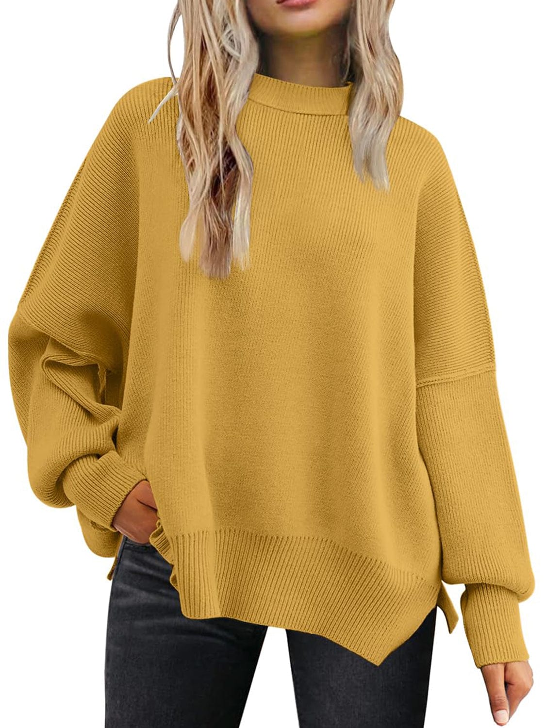 Trendsi Fall Slit Round Neck Dropped Shoulder Sweater Slit Round Neck Dropped Shoulder Sweater