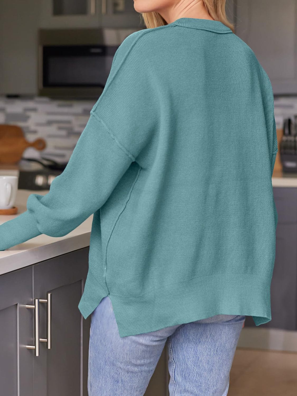 Trendsi Fall Slit Round Neck Dropped Shoulder Sweater Slit Round Neck Dropped Shoulder Sweater