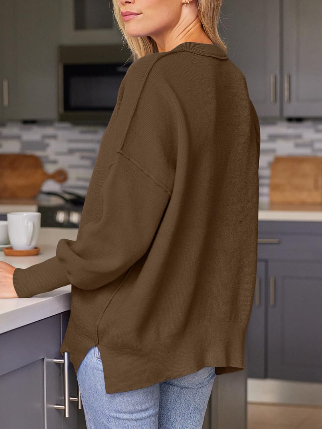 Trendsi Fall Slit Round Neck Dropped Shoulder Sweater Slit Round Neck Dropped Shoulder Sweater