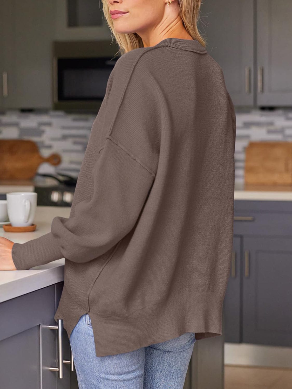 Trendsi Fall Slit Round Neck Dropped Shoulder Sweater Slit Round Neck Dropped Shoulder Sweater