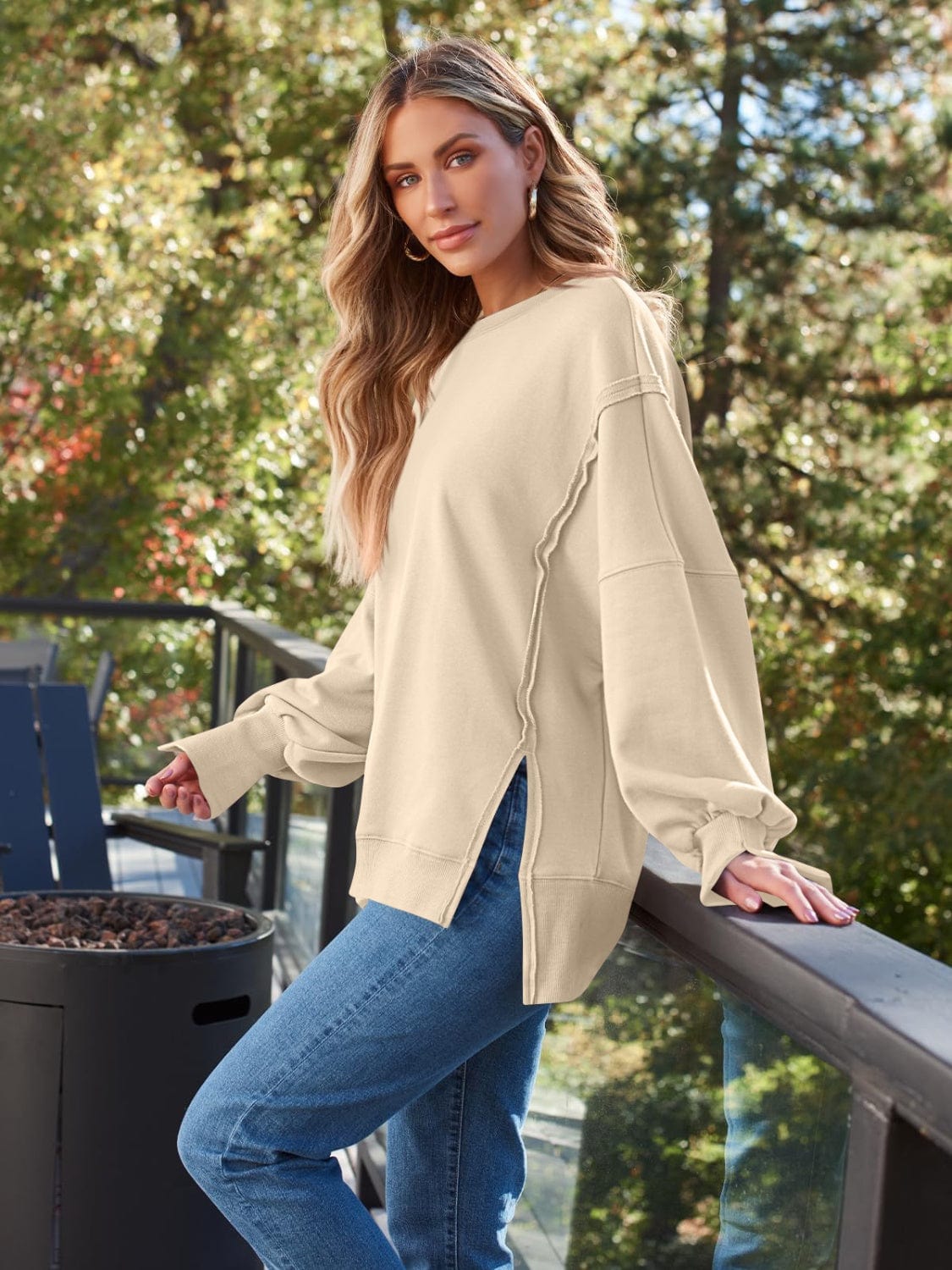 Trendsi Fall Slit Round Neck Long Sleeve Sweatshirt Slit Round Neck Long Sleeve Sweatshirt