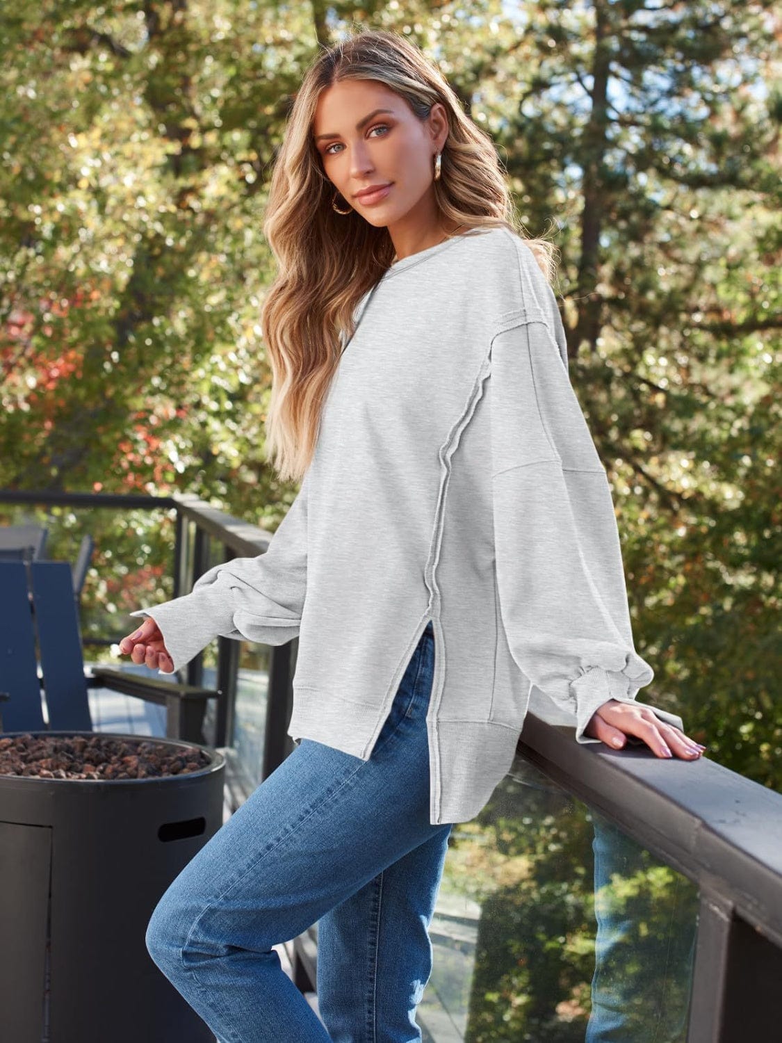 Trendsi Fall Slit Round Neck Long Sleeve Sweatshirt Slit Round Neck Long Sleeve Sweatshirt